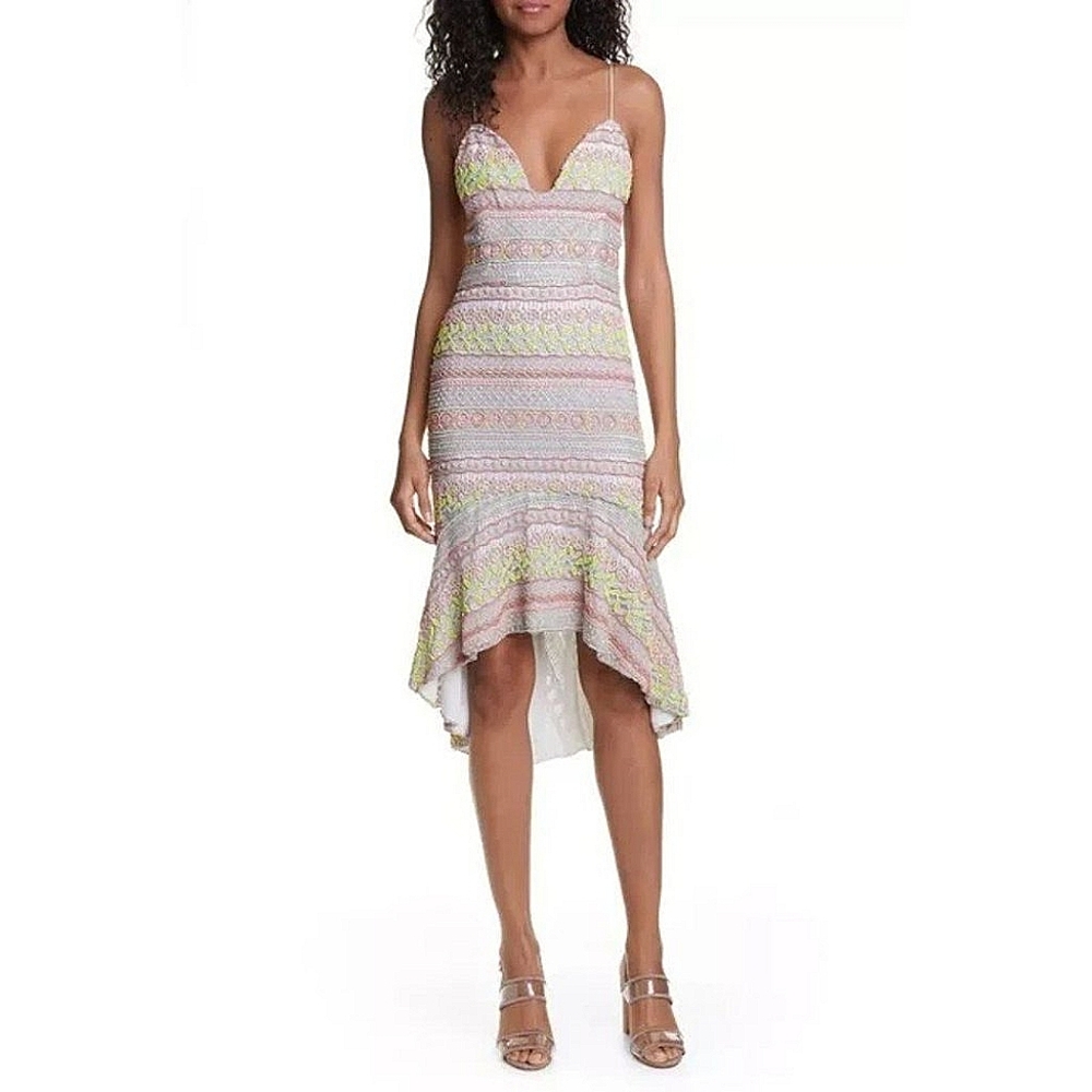 ALICE + OLIVIA Amina Embroidered Plunging Sweetheart Fitted Dress